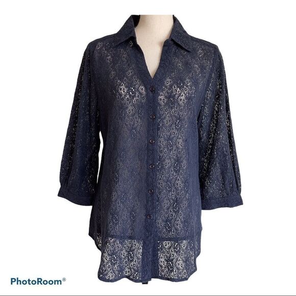Coldwater‎ Creek Blue Eyelet Lace Blouse - Medium - Picture 1 of 12